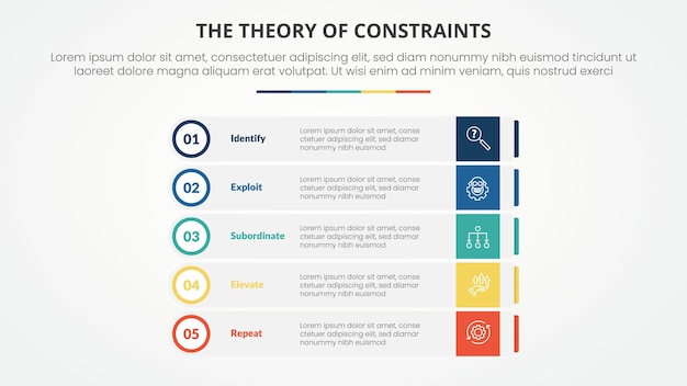 Free Vector toc theory of constraints infographic concept for slide presentation with rectangle box stack with outline circle badge with 4 point list with flat style