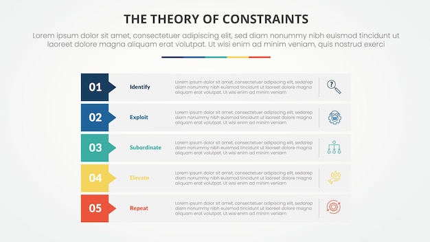 Free Vector toc theory of constraints infographic concept for slide presentation with rectangle stack callout badge header with 4 point list with flat style