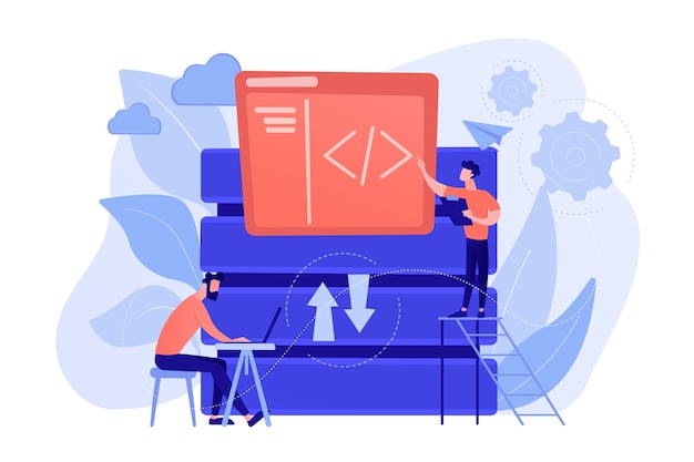 Free Vector two developers working with big data technology. big data management and storage, database analytics and design, data software engineering concept. vector isolated illustration.