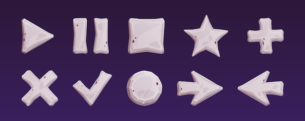 Free Vector ui stone texture game button frame cartoon vector set medieval interface board element kit for mobile app menu with play pause plus cross arrow and check isolated item template collection