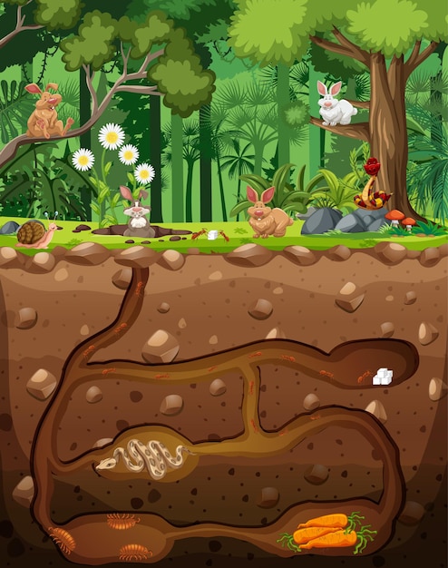 Free Vector underground animal burrow with animals in the forest