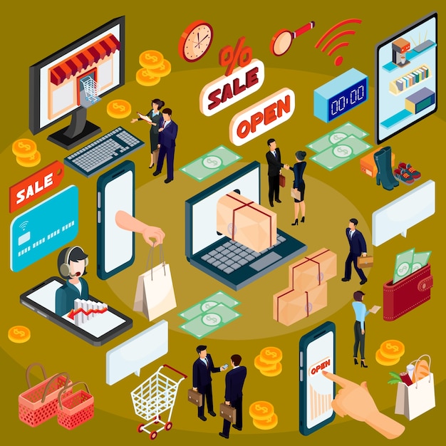 Free Vector vector 3d isometric illustration concept of e-commerce, online store.