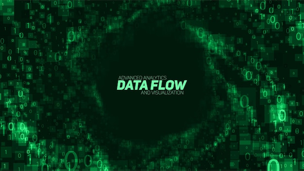 Free Vector vector abstract big data visualization. green glowing data flow as binary numbers. computer code representation. cryptographic analysis, hacking. bitcoin, blockchain transfer.