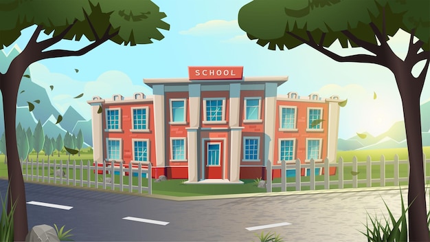 Free Vector vector cartoon illustration. school building on a green lawn and road between trees. educalion and l