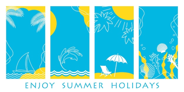 Free Vector vector summer greeting card template set with beach ocean blue sky and text space