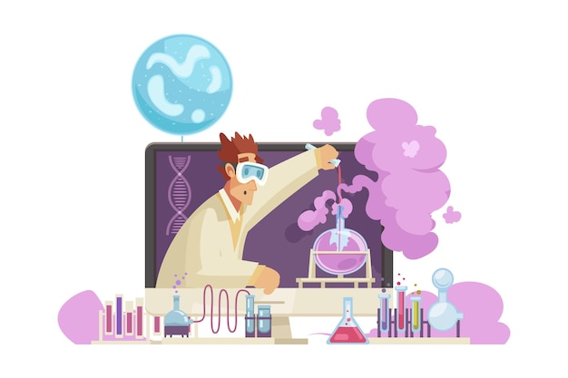 Free Vector video blogger composition with desktop computer and human character surrounded by scientific icons and signs vector illustration