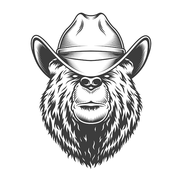 Free Vector vintage bear head in cowboy hat
