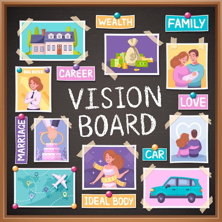 Free Vector vision board cartoon planner with marriage and family symbols