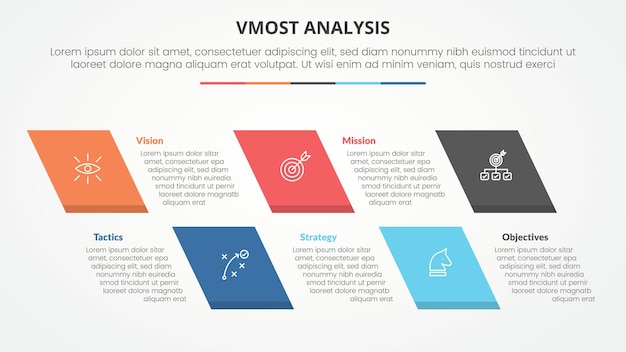 Free Vector vmost analysis template infographic concept for slide presentation with skew rectangle with 5 point list with flat style vector
