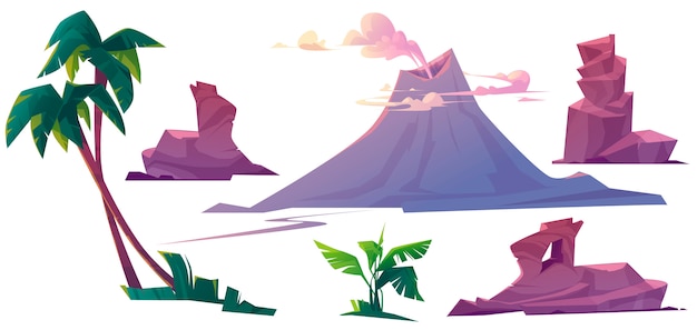 Free Vector volcano with smoke, rocks and palm trees