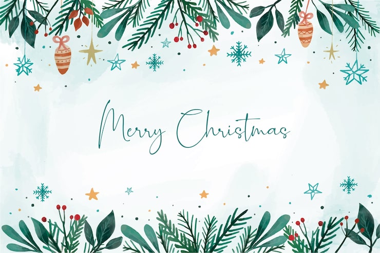 Free Vector watercolor christmas background with leaves frame on top and bottom