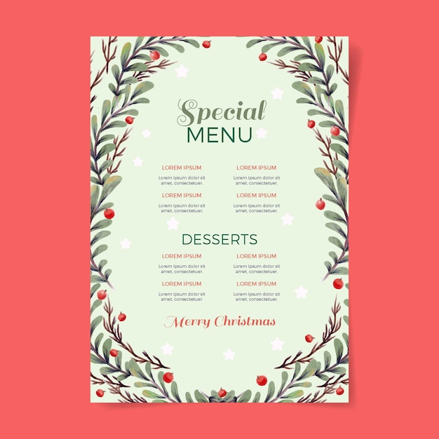 Free Vector watercolor christmas menu template