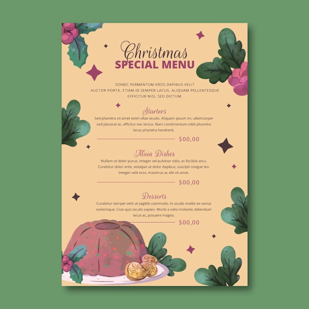Free Vector watercolor christmas menu template