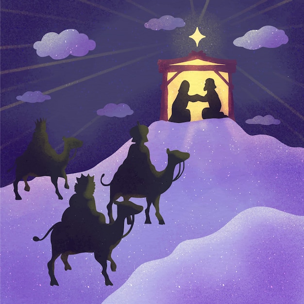 Free Vector watercolor reyes magos arriving to the nativity scene