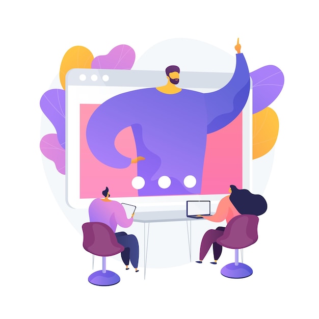 Free Vector web conference. people listening to online interactive seminar, lecture on computer screen. webconferencing, webcast, webinar, e-learning. vector isolated concept metaphor illustration