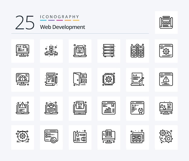 Free Vector web development 25 line icon pack including development storage html server data