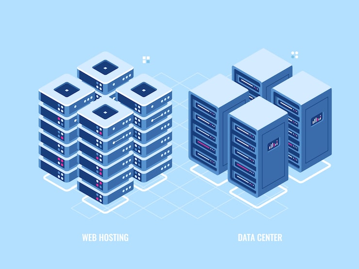 Web hosting server rack, isometric icon of database and data center, blockchain digital technology