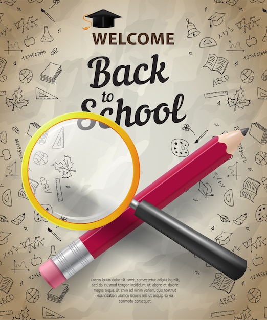 Free Vector welcome, back to school lettering with crossed pencil and loupe