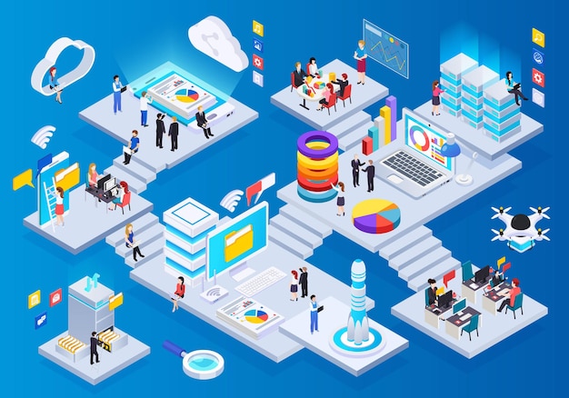Free Vector wireless technology glow isometric composition with cloud big data storage communication teleconference presentation drone delivery
