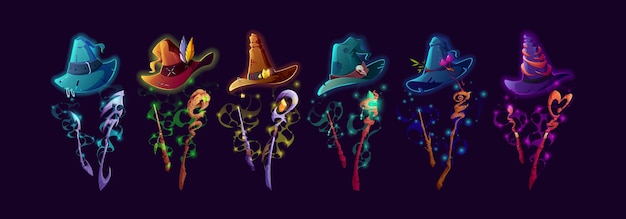 Free Vector witch hats wands and staffs cartoon vector set