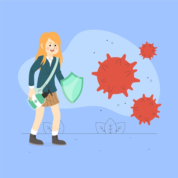 Free Vector woman fighting virus with shield