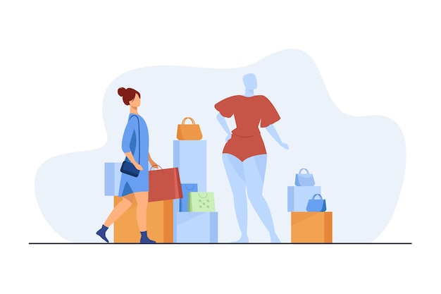 Free Vector woman shopping in fashion store. customer with bags, mannequin, accessory flat vector illustration. consumerism, consumer, clothes purchase concept