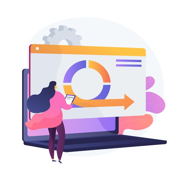 Free Vector woman using software cartoon character. working process, workflow analysis, internet platform testing. female programmer, professional financial analyst. vector isolated concept metaphor illustration