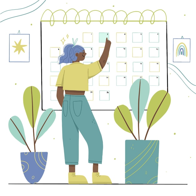 Free Vector woman wearing casual clothes booking a date on calendar