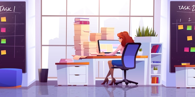 Free Vector woman work at office sitting at desk with computer