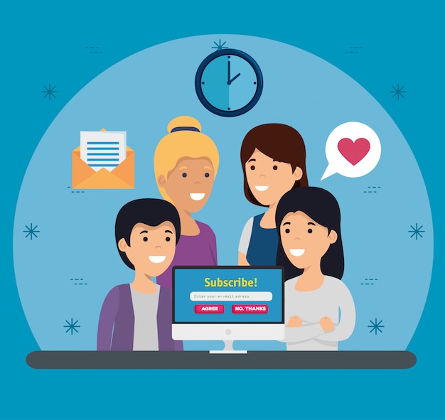 Free Vector women and boy with computer and social profile