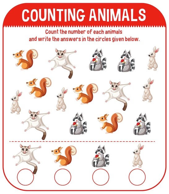 Free Vector worksheet design for counting animals