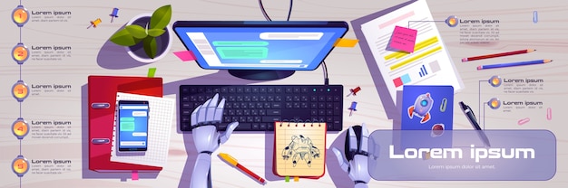 Free Vector workspace with robot hands working on computer keyboard