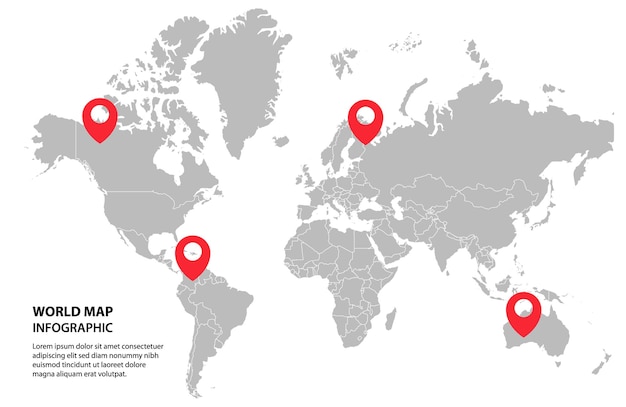 Free Vector world map grayscale isolated on white background for website travel destination location etc
