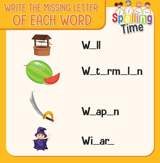 Free Vector write the missing letter of each word worksheet for children