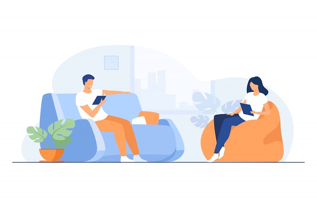 Free Vector young couple reading books in living room