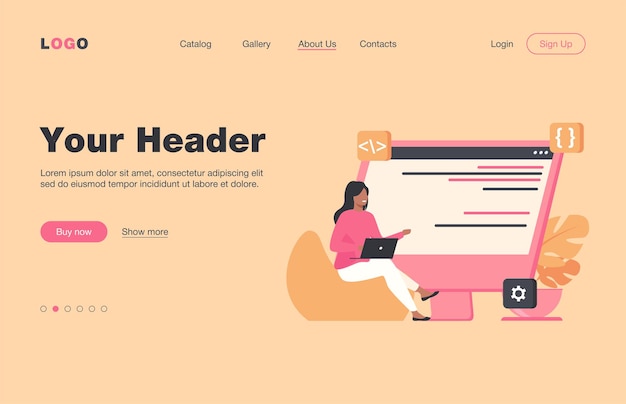 Free Vector young tiny girl sitting and coding via laptop. computer, programmer, code flat  illustration. it and digital technology concept  website design or landing web page