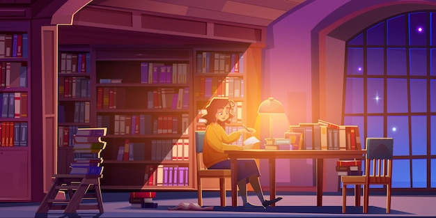 Free Vector young woman read book in public library at night