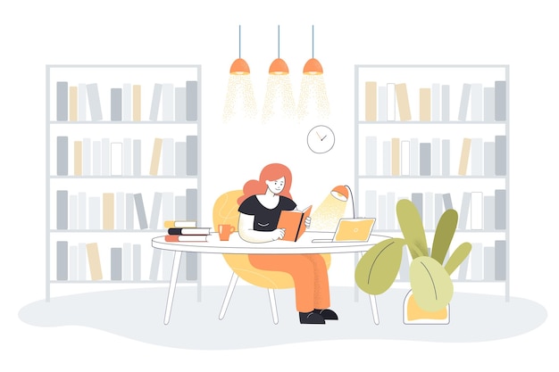 Free Vector young woman reading book in library interior