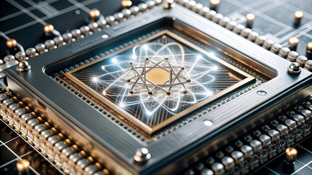 Photo 3d ai driven quantum computing frame concept with minimalistic border and quantum elements on white