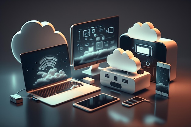 Photo 3d cloud computing hosting technology with electronic devices