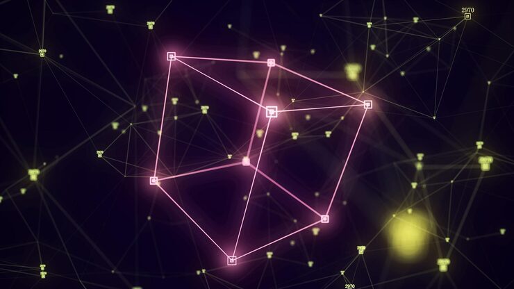 3D futuristic geometric cube with dots and lines Abstract wireframe blockchain Science background Structure technology network connection Ai in dark cyberspace background 3D rendering