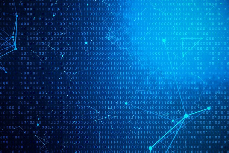 3D illustration binary code on blue background. Bytes of binary code. Concept technology. Digital binary background. Connection lined and dots, global network.