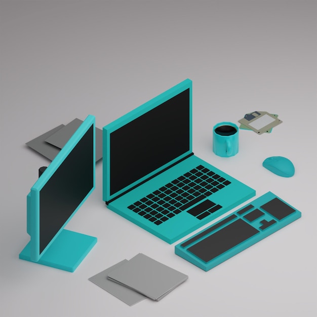 Photo 3d laptop computer with coffee