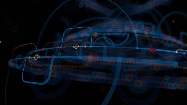 3d render abstract background. detailed lines in 3d space with depth of field. repeatable design elements with arcs, dots and connected segments.