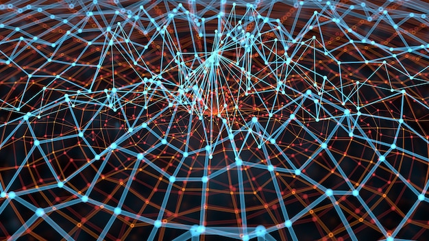 Photo 3d render abstract background. digital tech concept illustration with array structure. lines and spheres forms a complex connected structure.