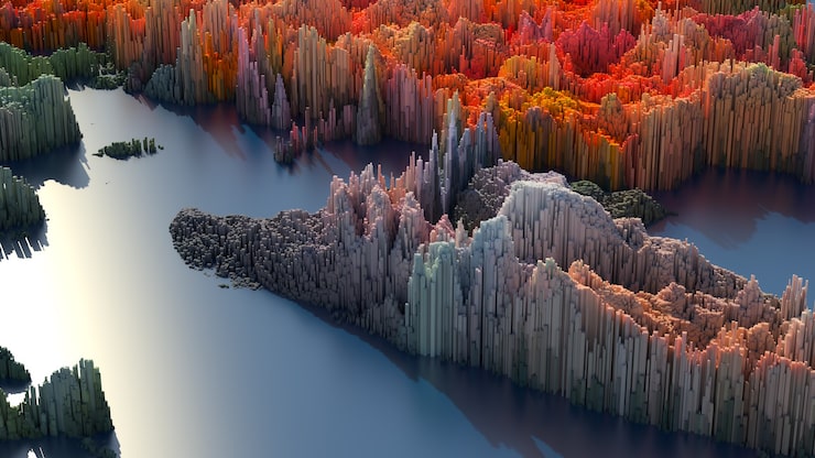 3d render abstract background with complex structure made of array of vertical geometry. Data visualization concept.