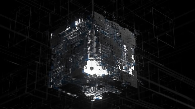 Photo 3d render of complex geometry structure. artificial intelligence concept. depth of field.