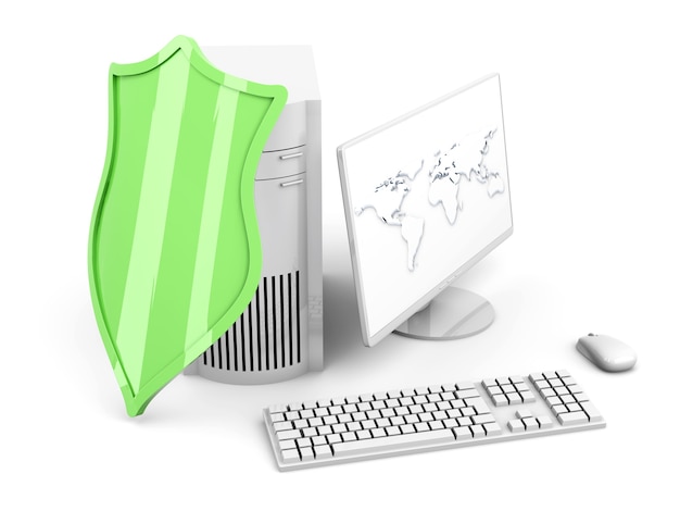 Photo 3d rendered illustration of a shielded and protected desktop computer system.
