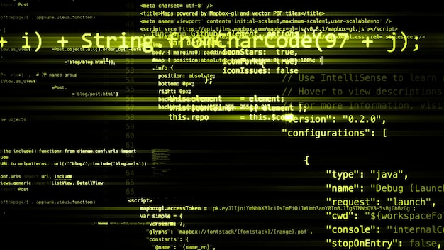 Photo 3d rendering abstract blocks of code that are in the virtual space. camera inside the computer code