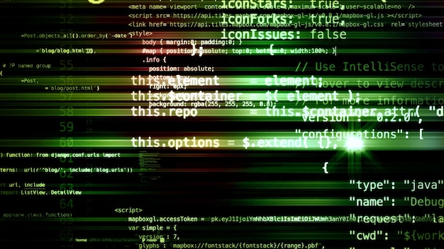 Photo 3d rendering abstract blocks of code that are in the virtual space. camera inside the computer code